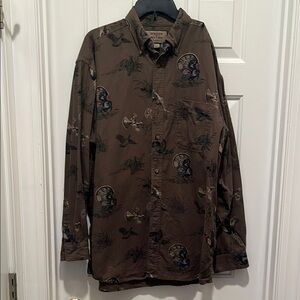 Brown Casual Button Down Shirt with turkey print . Perfect for Fall gatherings .